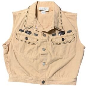 Vintage Cache Western Boho Yellow Denim Studded Cropped Vest Size Medium